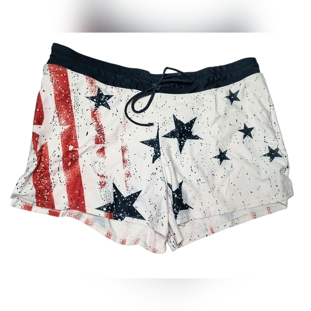 Red and White Beach Vacation Stretchy Swim Shorts with Patriotic Design XL NWOT